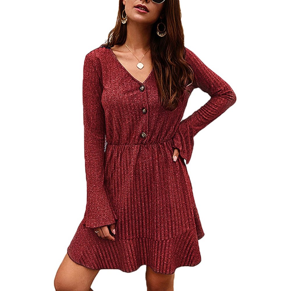 Button Down Bell Sleeve Maroon/red Dress